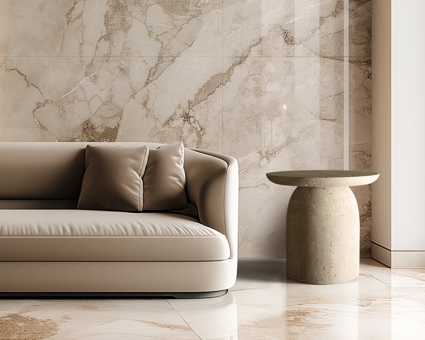 "Luxury travertine side table with handcrafted details and distinctive contemporary style."
