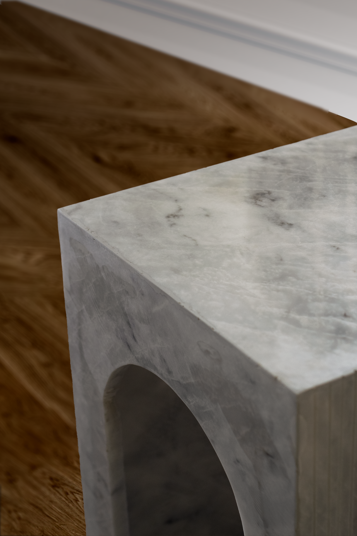 Close-up of the Arcadia Side Table’s white marble surface, highlighting unique veining patterns that enhance its luxurious, handcrafted appeal.