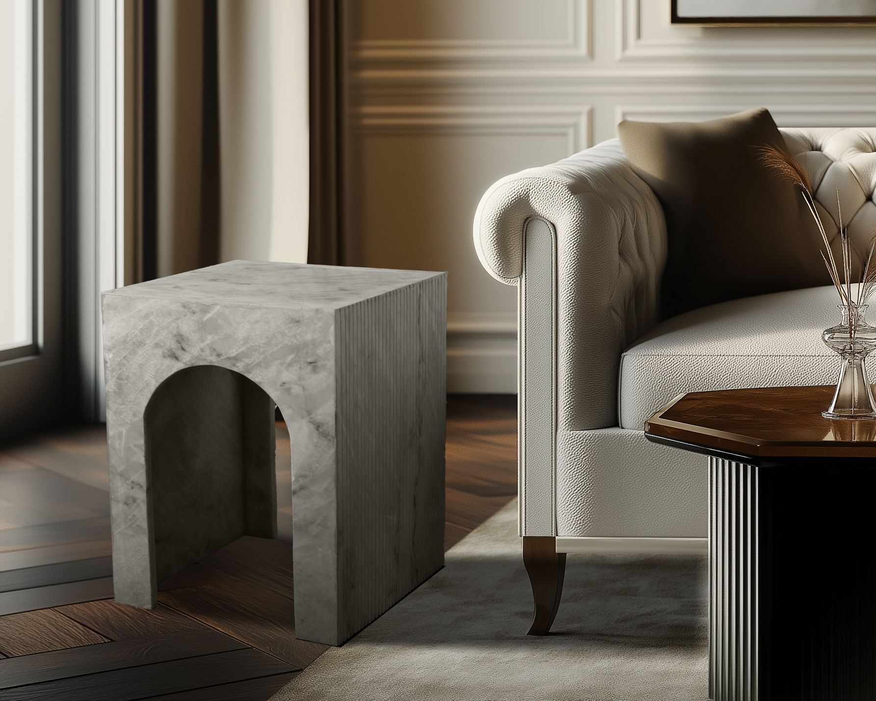 Handcrafted Arcadia Side Table showcasing the natural beauty of premium white marble with striking textures, adding elegance to your decor.