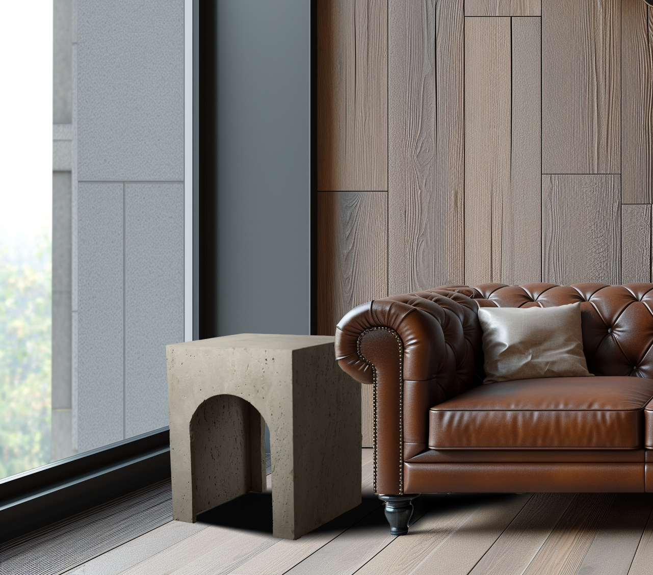 Arcadia Side Table in travertine, placed in a modern living room, adding natural elegance with its warm tones and minimalist design.