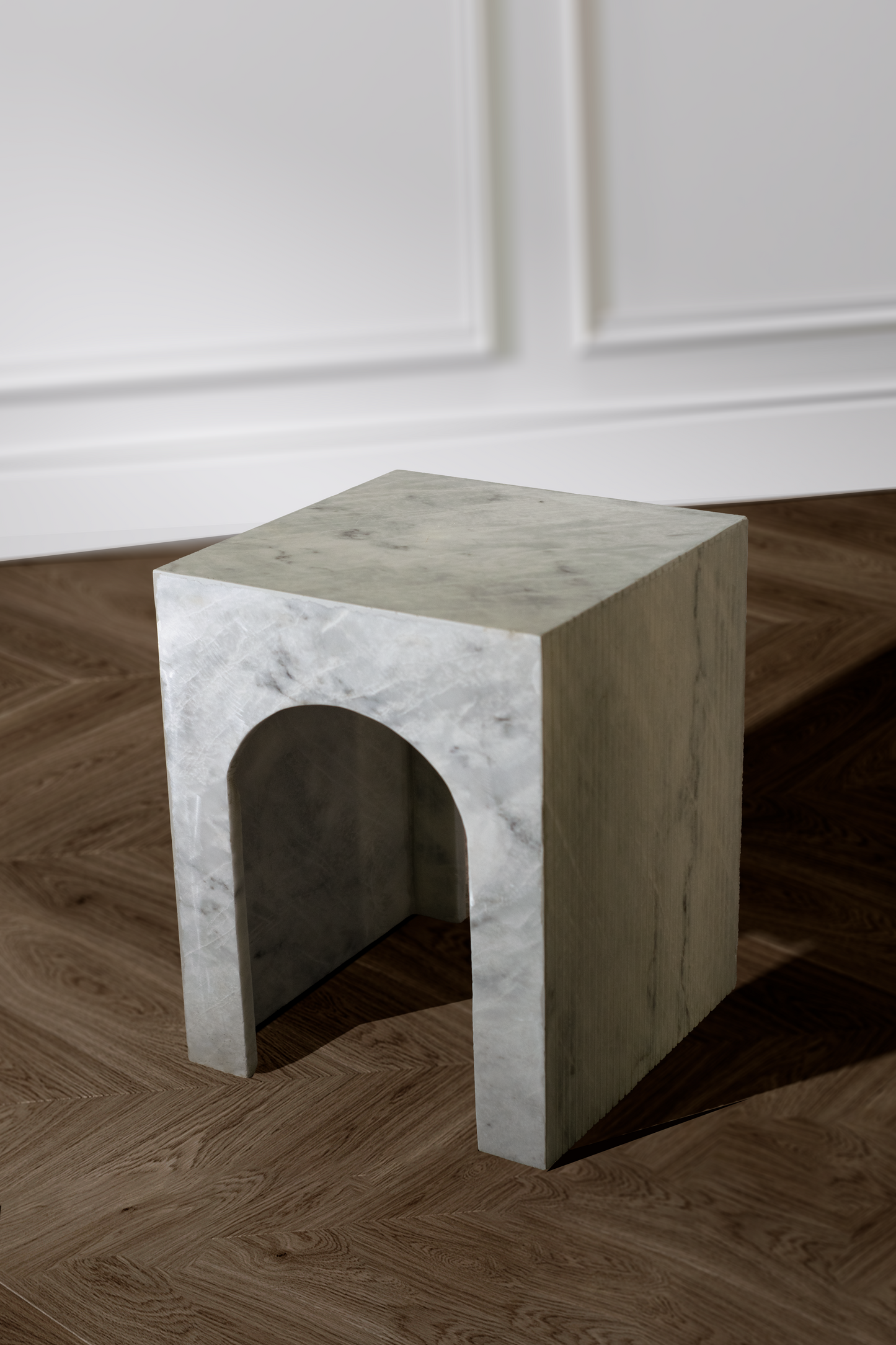 Handcrafted Arcadia Side Table in premium white marble, featuring elegant veining and a minimalist design, perfect for any sophisticated room.