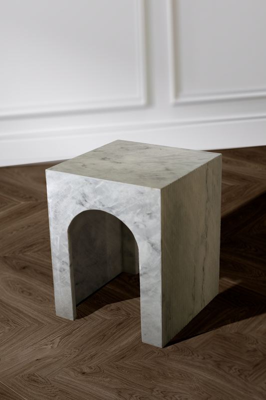 Handcrafted Arcadia Side Table in premium white marble, featuring elegant veining and a minimalist design, perfect for any sophisticated room.