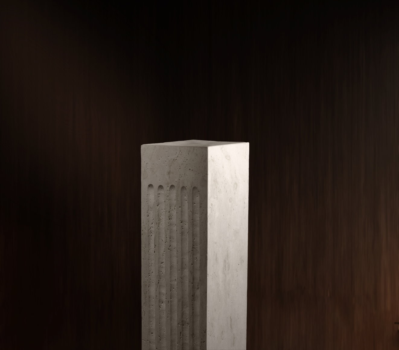 "Handcrafted Titanium Travertine Plinth with earthy tones and dynamic texture."
