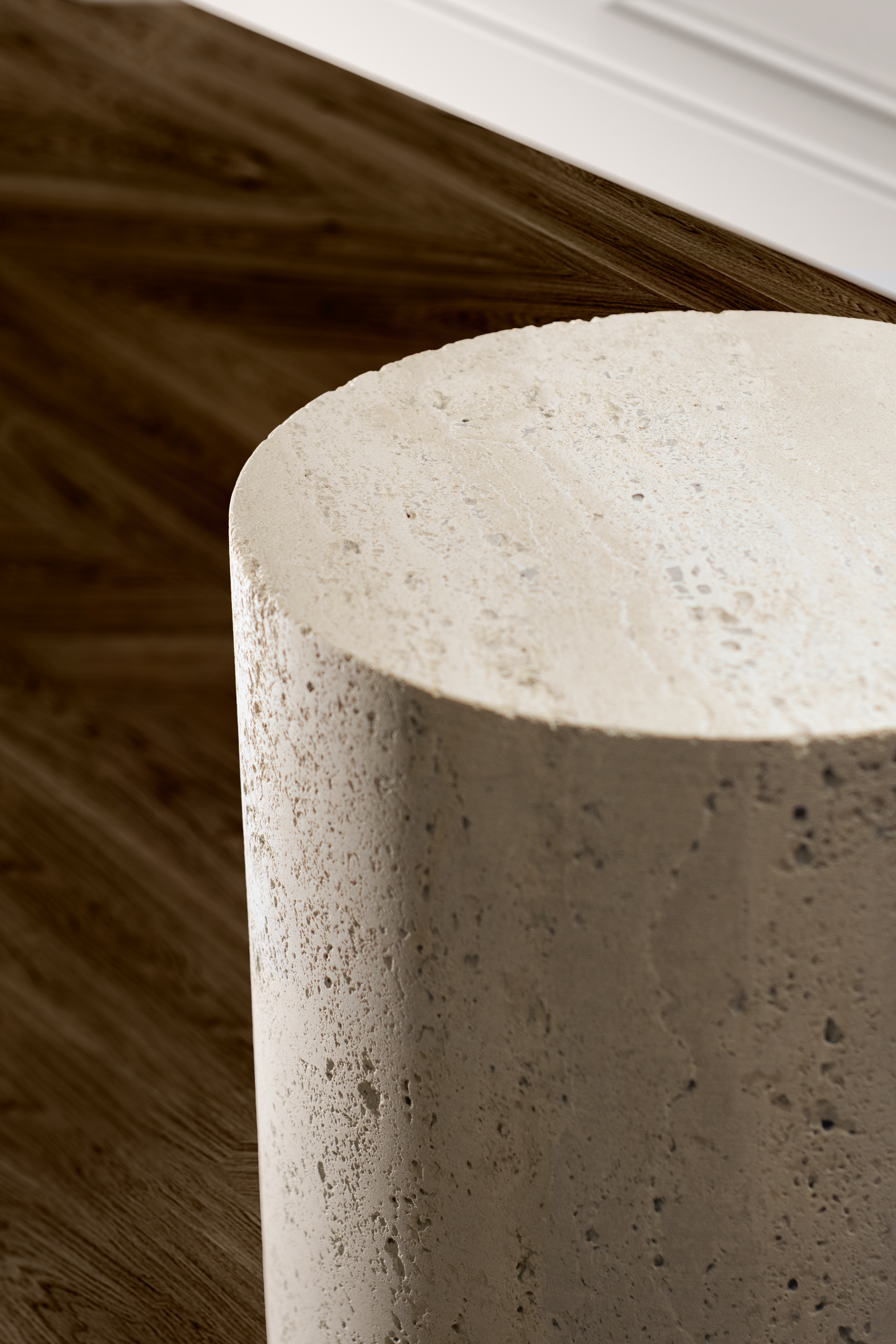 "Elegant travertine side table showcasing unique veining and smooth surface."
