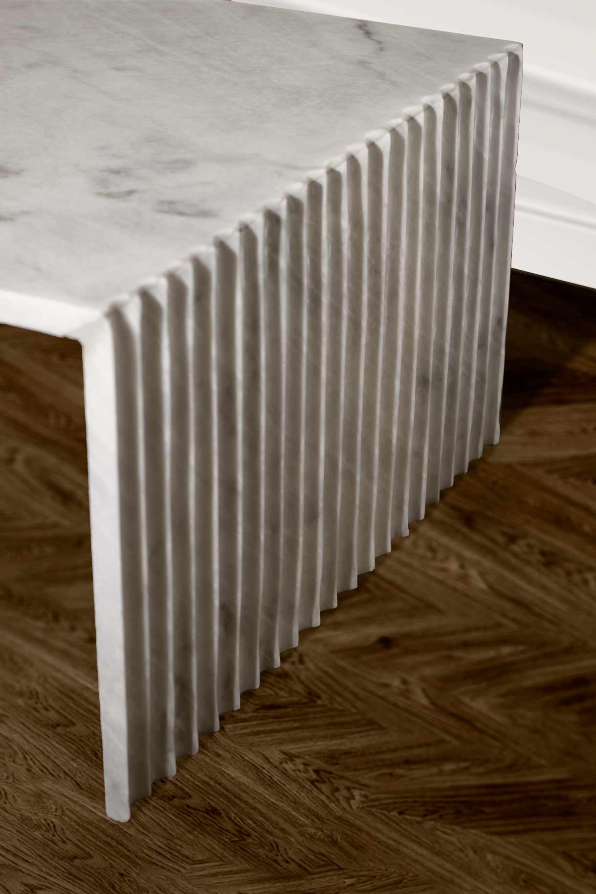 "Stria white marble coffee table with grey veining and corrugated texture sides."
