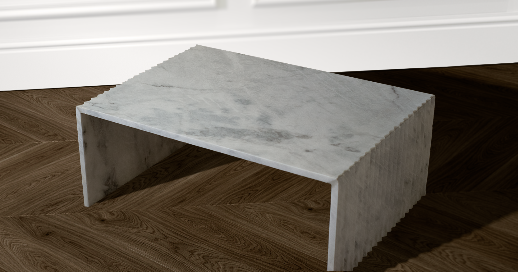 "Stria coffee table showcasing intricate grey veins in white marble and artisanal craftsmanship."
