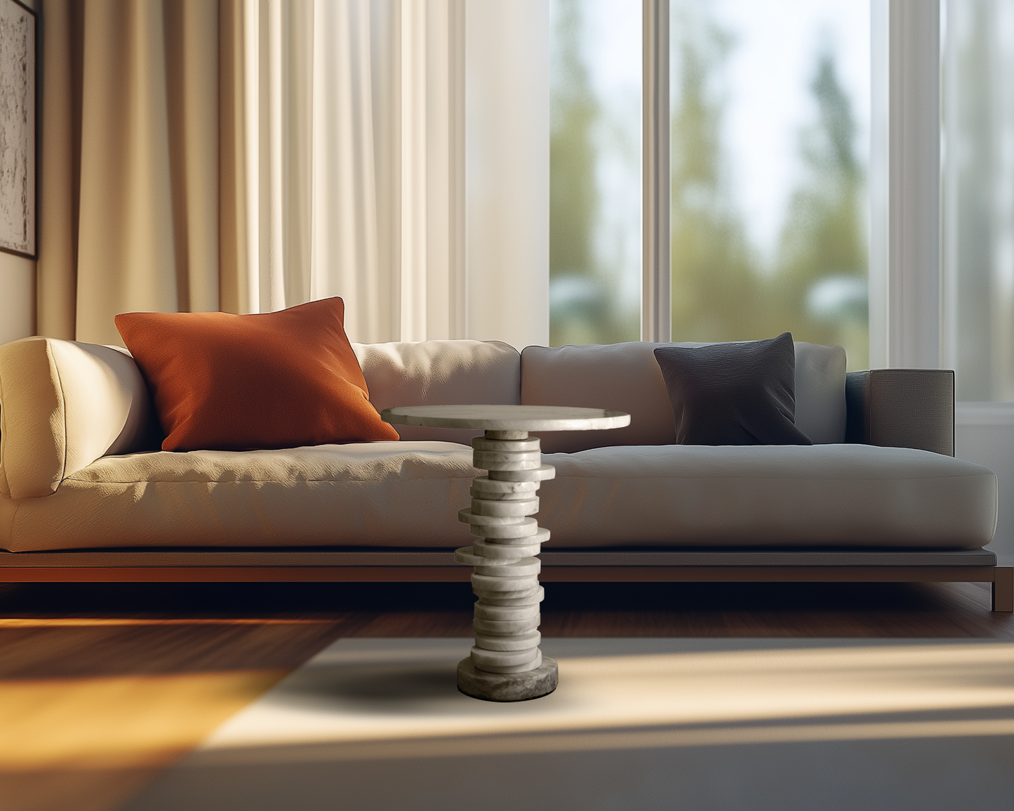 Elegant Mosaic Accent Table in White Marble, featuring a stunning arrangement of small round marble pieces.