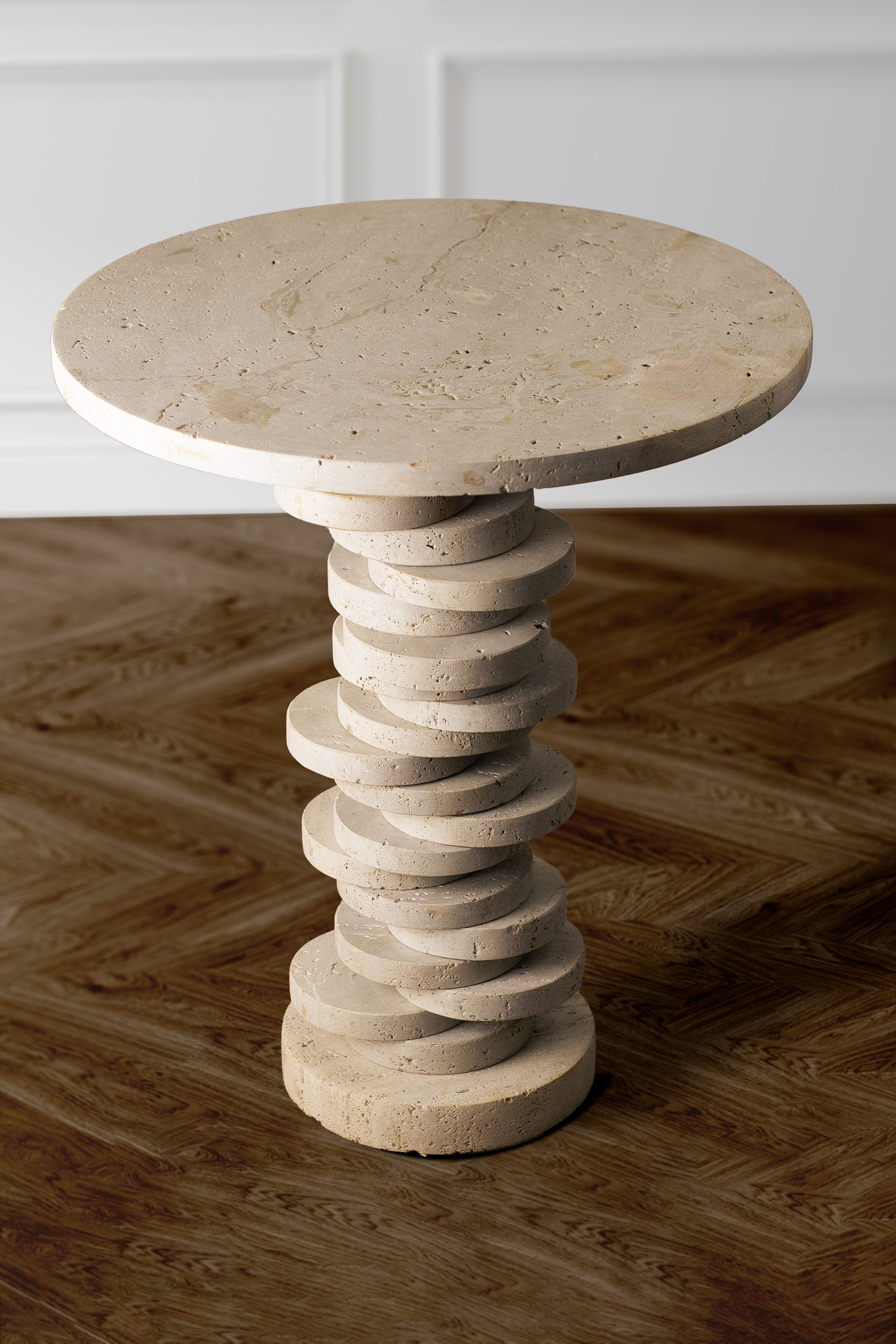 Handcrafted Mosaic Accent Table in travertine stone with earthy tones and intricate mosaic pattern, ideal for modern or classic decor.