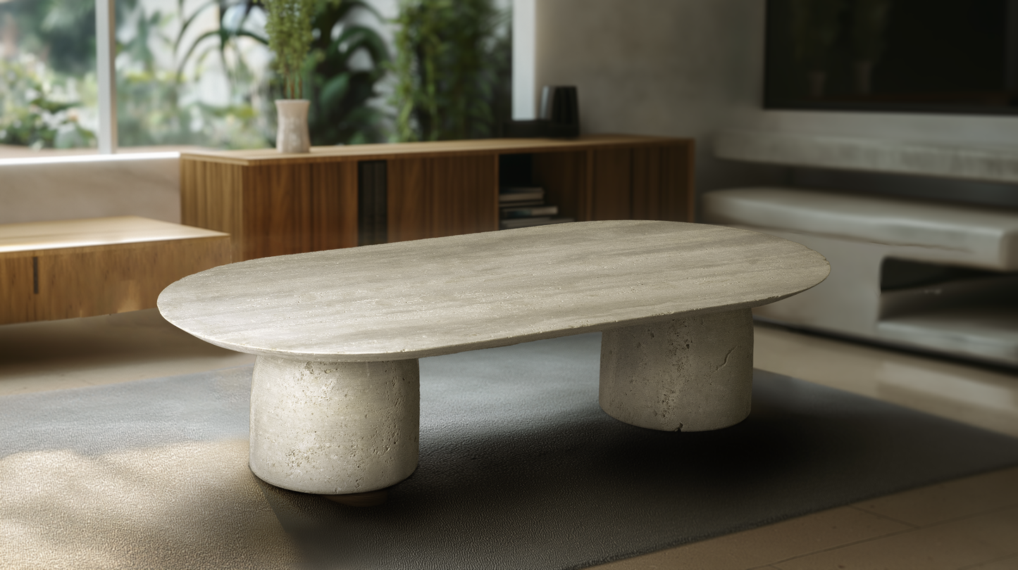 Handcrafted travertine coffee table with a polished surface, perfect for contemporary and classic living spaces.