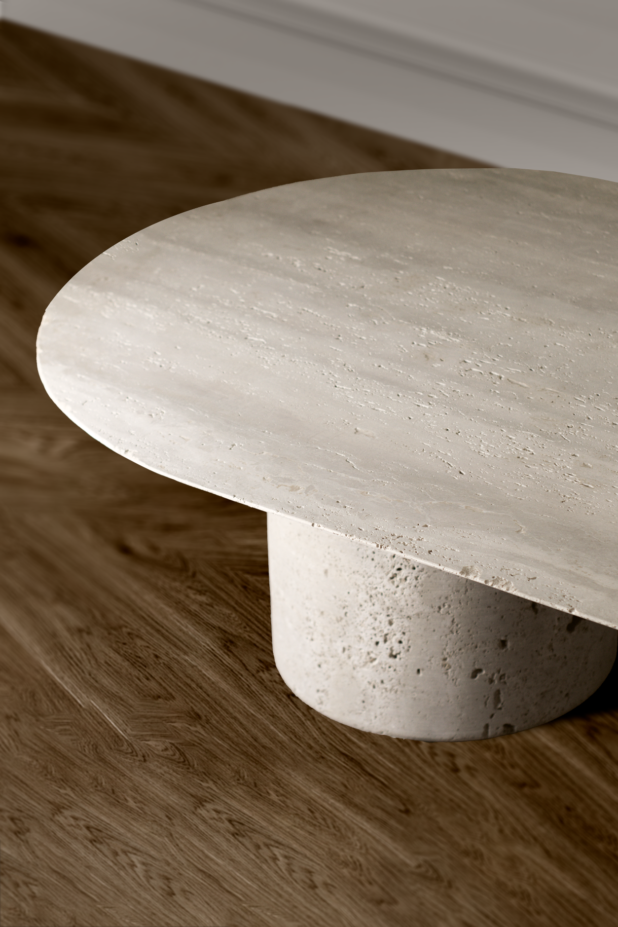 Modern Harmony Coffee Table in Travertine, combining elegance and functionality with its unique architectural design.