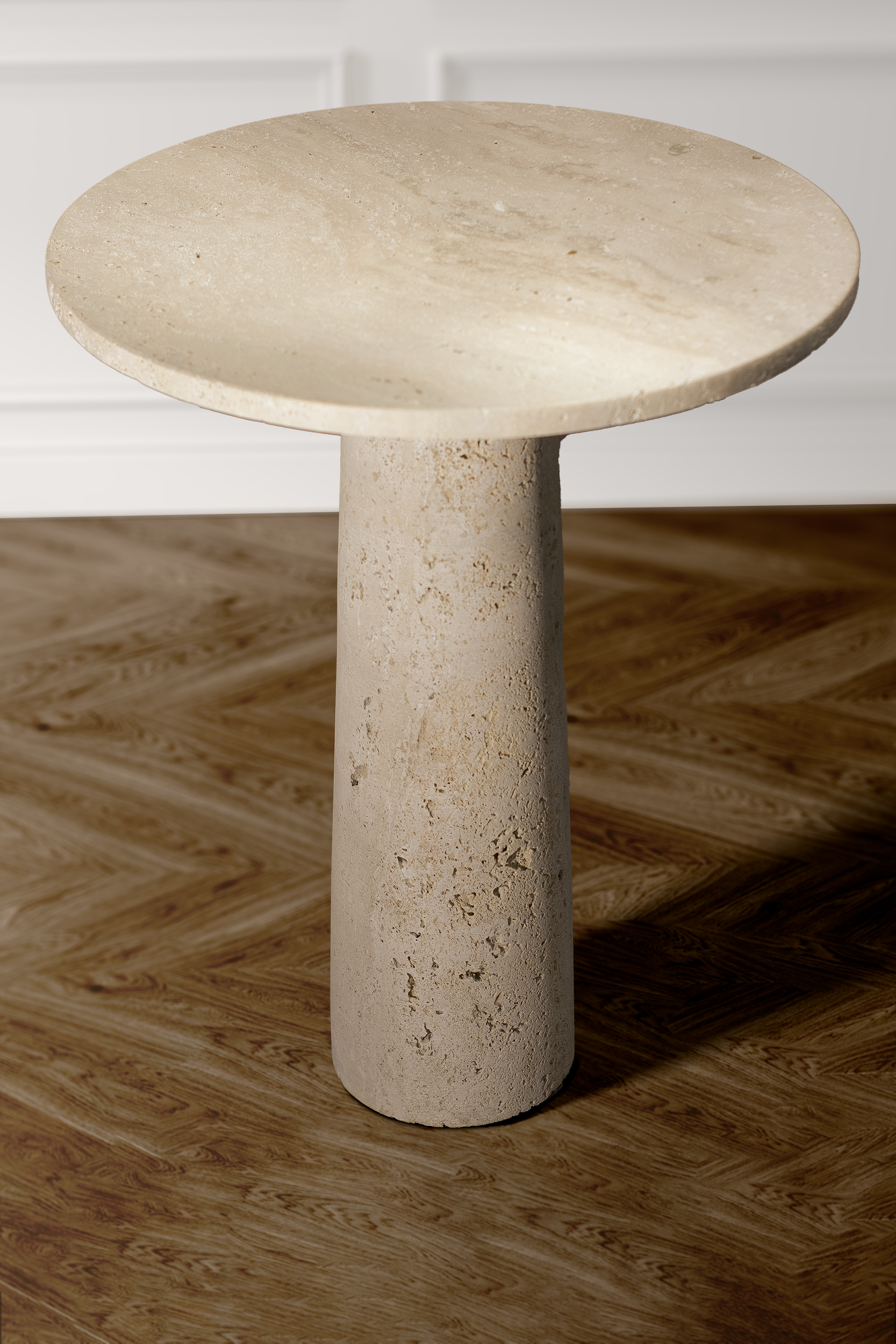 Stylish Zenith Accent Table in Travertine with a distinctive cone-shaped base and sleek round top.