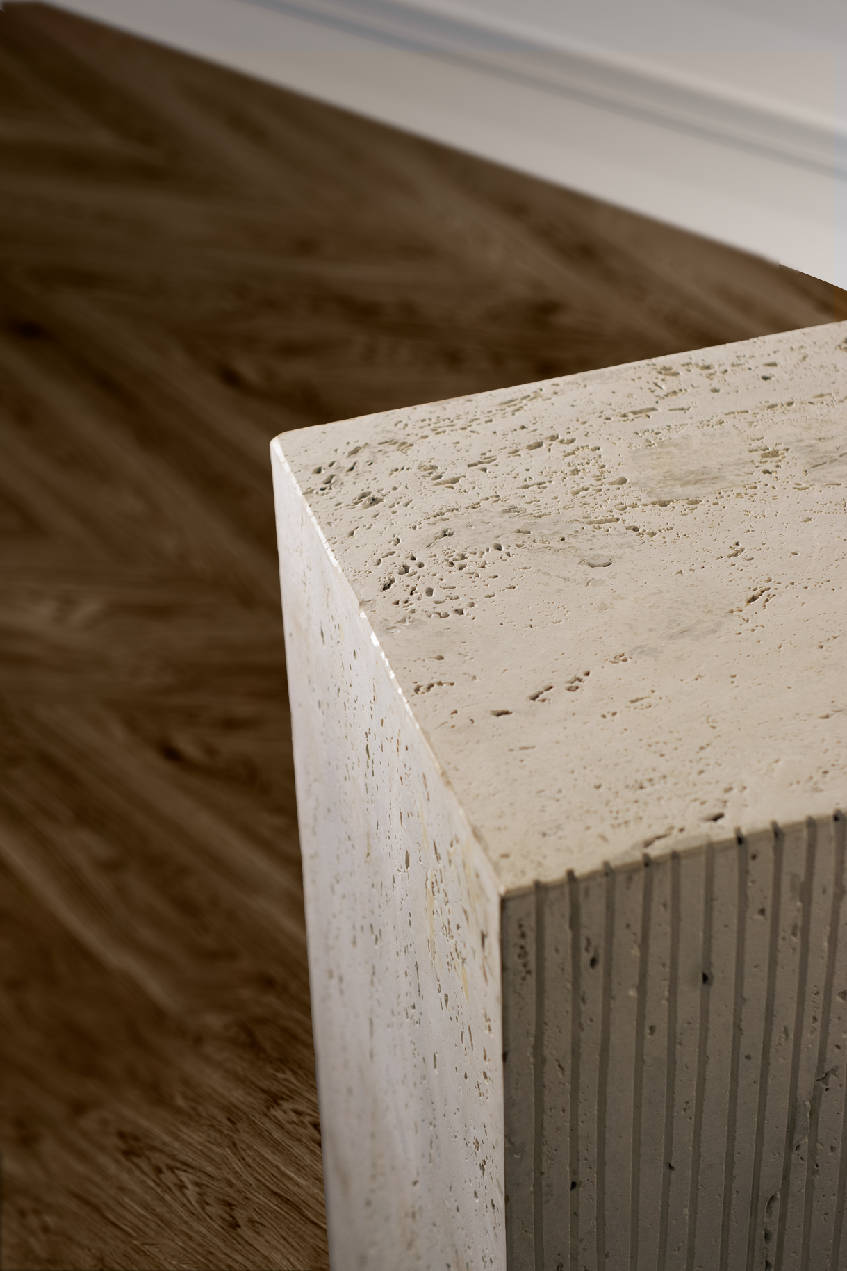 Stylish Stria Plinth made from high-quality travertine, perfect for enhancing modern living spaces or galleries