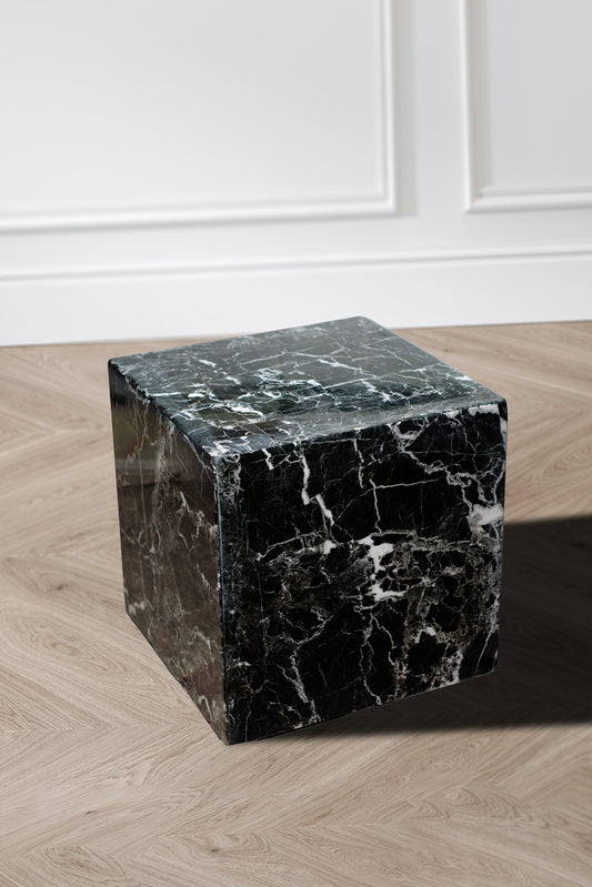 Handcrafted black marble cube side table with polished finish, perfect for luxury living room or bedroom decor.