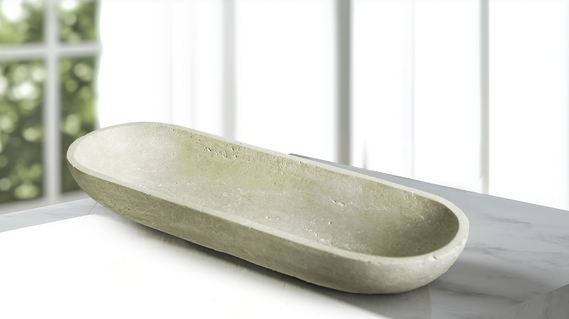 Stylish Serenity Oval Bowl in Travertine, enhancing the aesthetic of any interior space.
