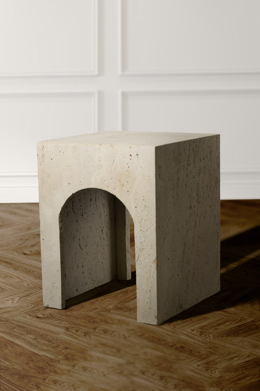 Handcrafted Arcadia Side Table in travertine with warm tones and natural textures, perfect for modern or traditional decor.