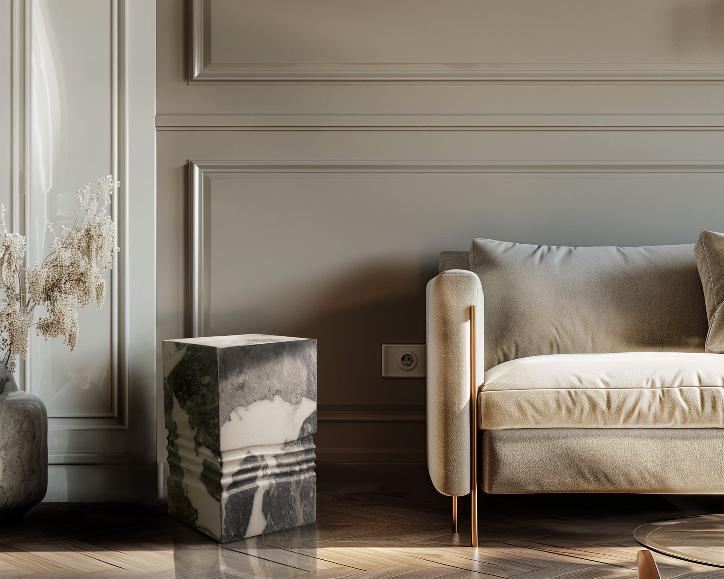 Timeless white marble Elysian side table displaying its character through distinctive grey patches.